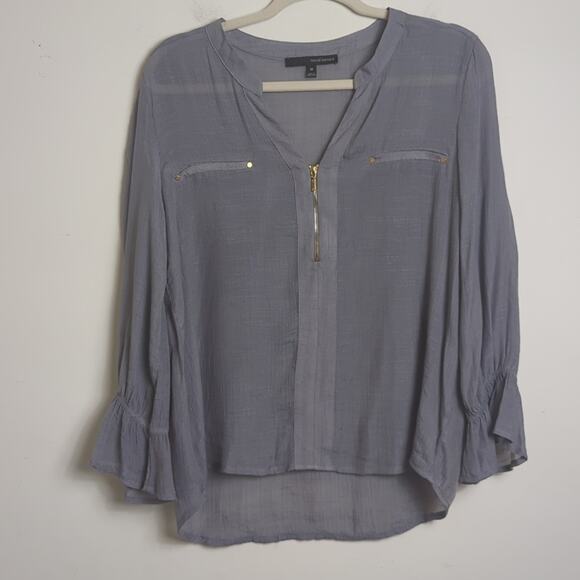 Romantic Gray Pop-Over Top High Low Hem Bell Wrists Semi-sheer Viscose - Picture 1 of 10